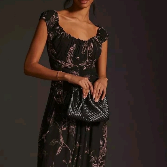 Anthropologie Black Floral Ruched Viscose, Modal Dress Long Midi Medium - Picture 11 of 14